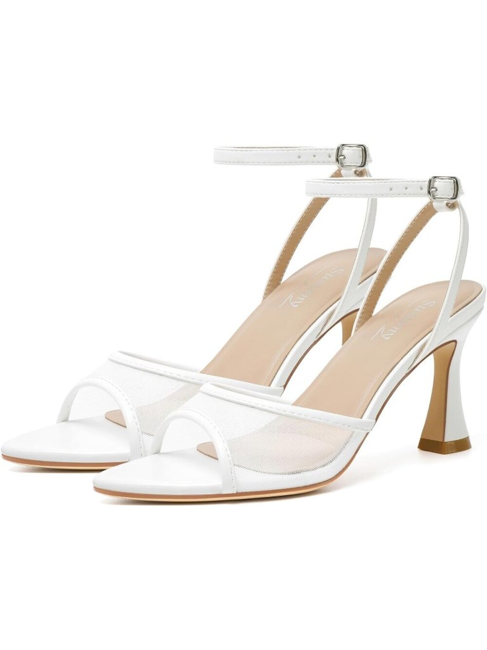 Women's Mesh White Pointed Open Toe Chunky Block Heel Ankle Strap Sandals